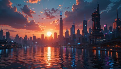 Obraz premium Sunset Reflection Over Modern City Skyline With Dramatic Clouds