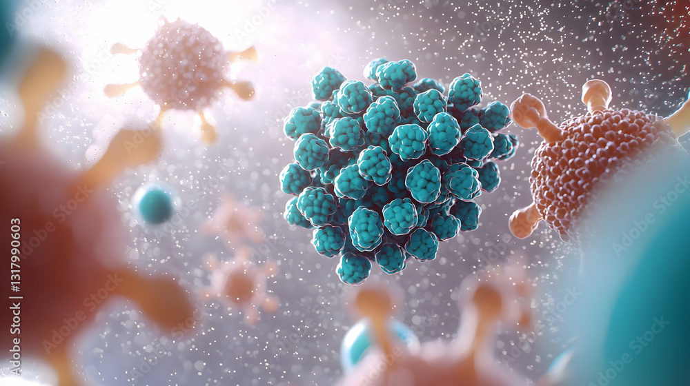 Poster microscopic view of teal and orange viruses floating in a dark environment with bright backlighting