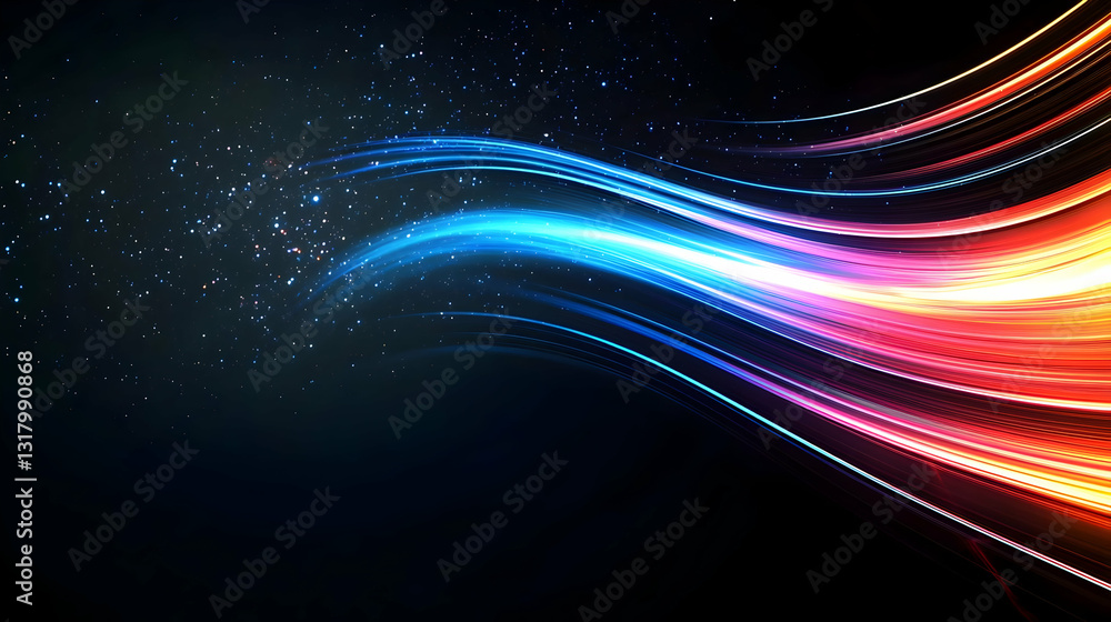 Poster dynamic flowing light trails abstract background with blue orange and red gradient colors on a dark 