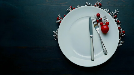 Elegant Christmas Dinner Table Setting With White Plate Silver Cutlery Red Berries And Festive Decorations On Dark Wooden Background
