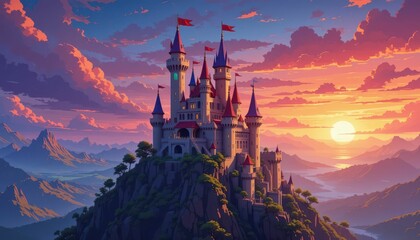 Naklejka premium Enchanted Castle at Sunset with Mountains and Colorful Sky