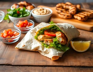 Delicious Chicken Shawarma Wrap &ndash; Authentic Middle Eastern Street Food with Spiced Grilled Chicken, Fresh Vegetables, and Creamy Garlic Sauce