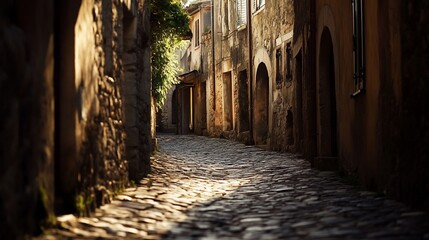 Naklejka premium Sunlit Cobblestone Alleyway in a Historic European Town: A Serene Escape