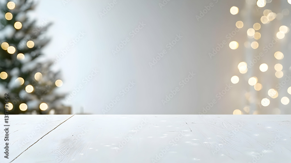 Poster white wooden table with defocused christmas tree and string lights background for festive display