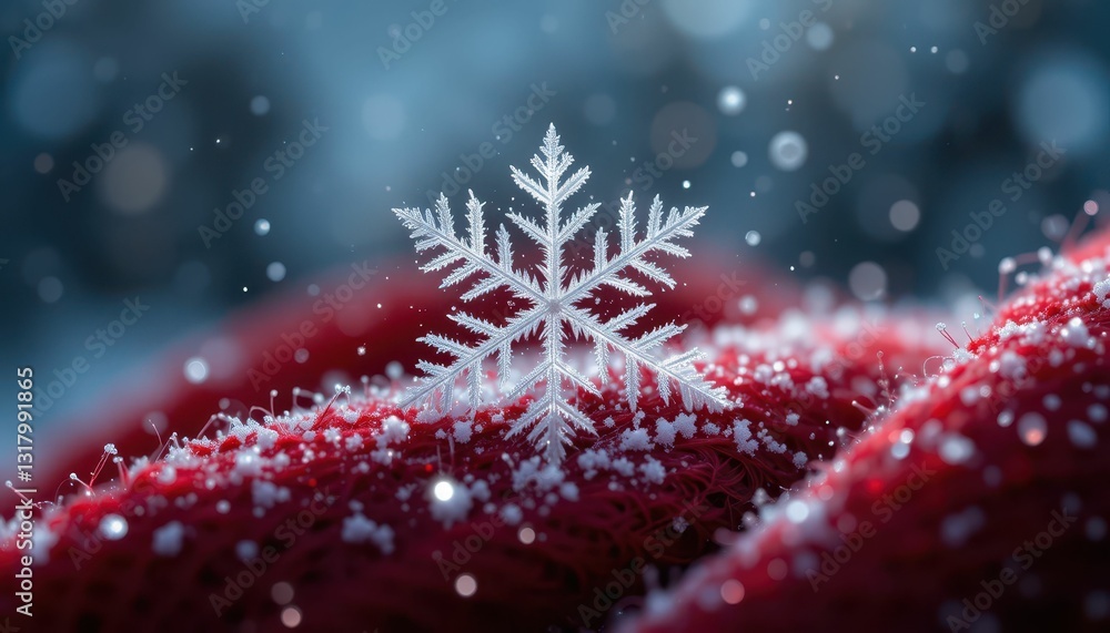 Poster snowflake on red knit blanket with soft bokeh background