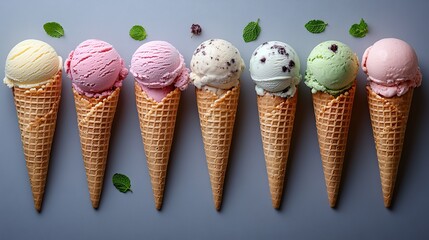 waffle cones holding scoops of ice cream in different flavors like mint and vanilla