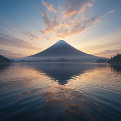 Mount Fuji Reflection on Lake Water during Sunset with Cloudy Sky