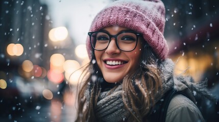 Cheerful woman enjoys snowfall while wearing stylish winter accessories