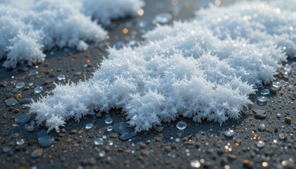 Close-up of Intricate Snowflakes on a Wet Surface with Droplets
