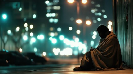 Fototapeta premium Homeless Individual on Dimly Lit City Sidewalk with Blurred Lights