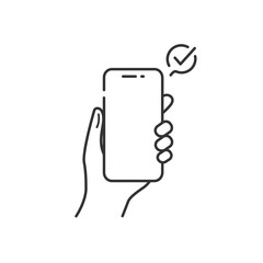 白い画面のスマホを持つ手とチェックマークの完了アイコンのモックアップ © Keyglad