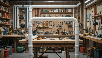 Workshop with PVC Pipes and Tools for DIY Projects and Crafts