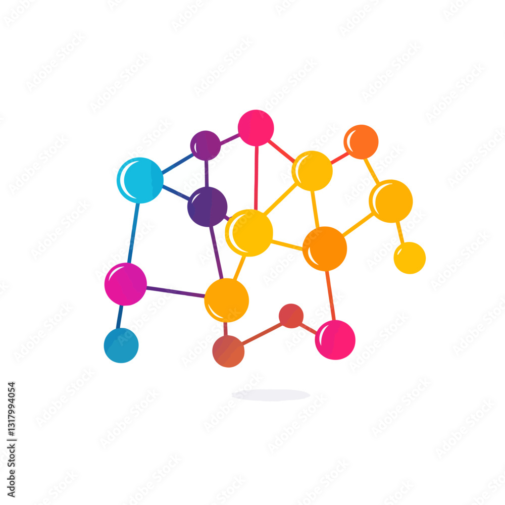 Poster abstract network graphic with colorful nodes and connections on white background
