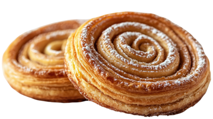 Spiral Pastries: A mouthwatering shot showcasing two golden-brown, spiral-shaped pastries, delicately dusted with a whisper of powdered sugar, offering a delightful visual treat.