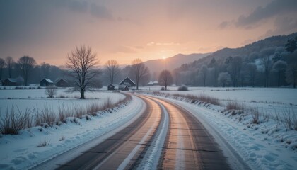 Obraz premium Serene Winter Landscape with Curved Road and Snowy Fields