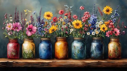 wild flowers in jar clipart watercolor art illustration detailed illustration