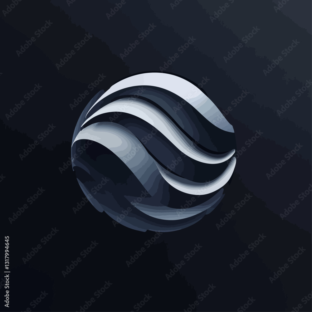Poster abstract 3d sphere with layered wavy design on dark background.