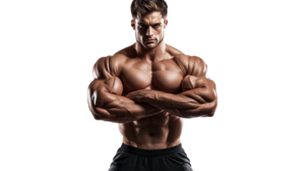 A bodybuilder posing in a relaxed stance, with arms crossed, highlighting their upper body muscle definition, isolated on a transparent backgroun
