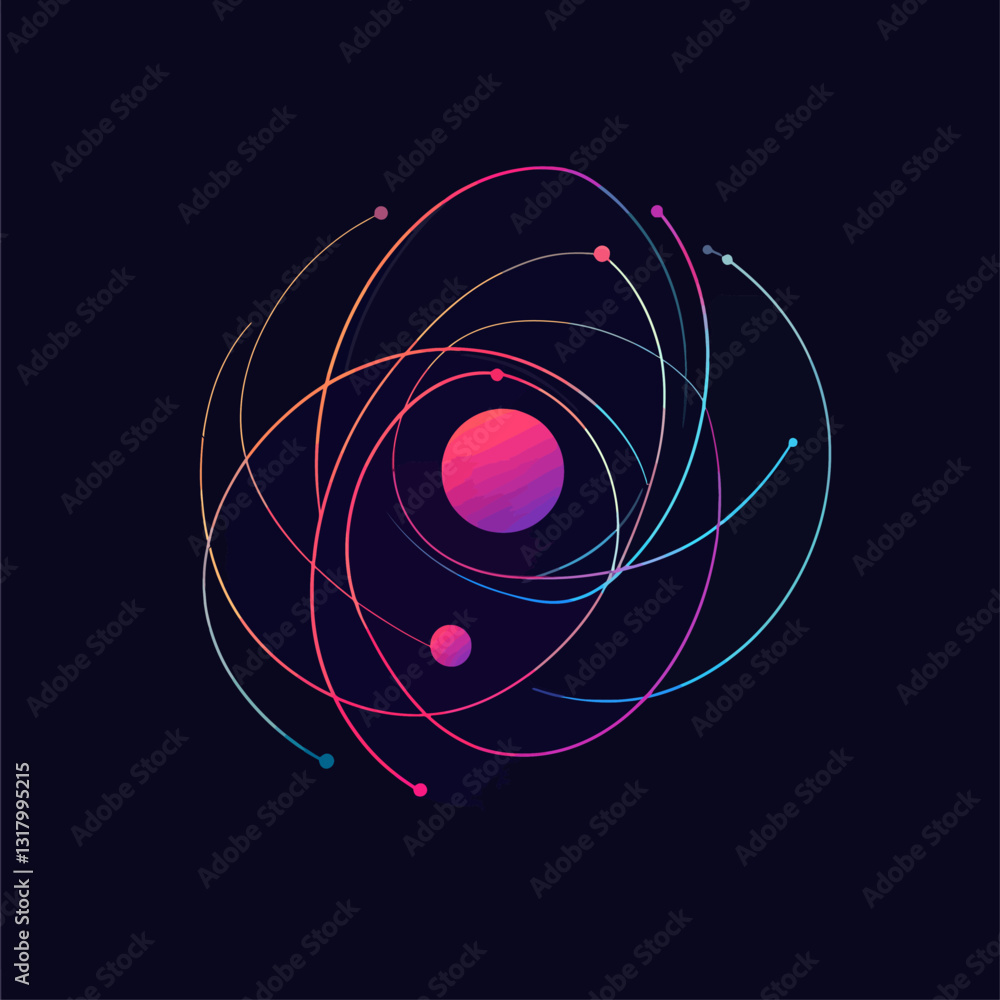 Poster abstract atomic structure with vibrant gradients on dark background.