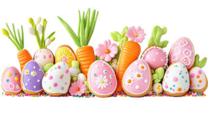"A bright and colorful Easter arrangement with sprinkles, cookies in the shape of carrots and flowers, and decorated eggs, isolated on transparent background