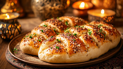 Detailed shot of a traditional Ramadan bread for Suhoor meal, with an elaborate Ramadan wallpaper design. 