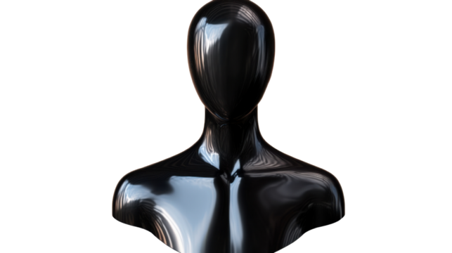 A black mannequin with a neutral stance, isolated on transparent background, featuring a smooth surface and sleek curves.