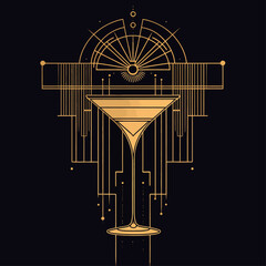 Art Deco Martini Glass Graphic in Gold on Black Backdrop