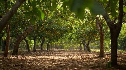 Sun-Drenched Orchard, Golden Pears Hanging on Trees in Serene Sunlight