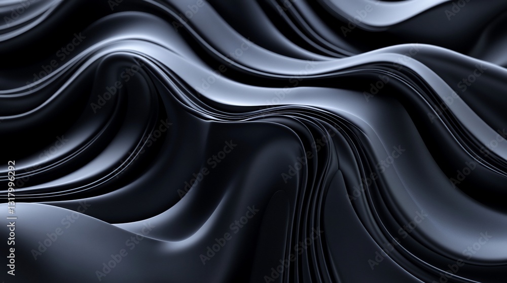 Poster abstract dark waves: elegant 3d render of fluid black curves and swirls