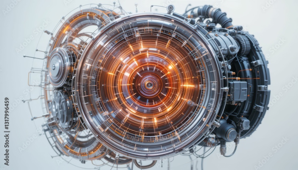 Poster futuristic mechanical device with intricate design and glowing lights