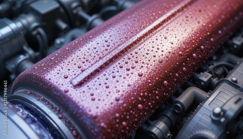 Poster close-up of engine component with water droplets and sparkling finish