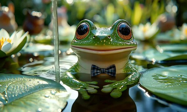 Smiling Green Frog With Bow Tie in a Lush Pond
