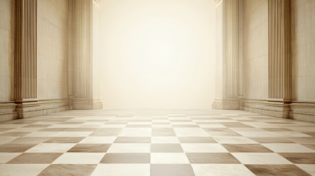 Grand Hall with Beige Marble Columns and Checkerboard Floor