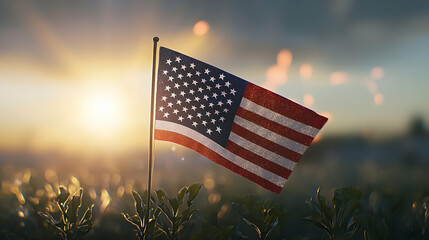 American Flag Waving Majestically At Golden Hour Sunrise Backlit With Dreamlike Blur and Warm Sun Rays