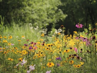A vibrant wildflower meadow teeming with life under the soft glow of sunlight