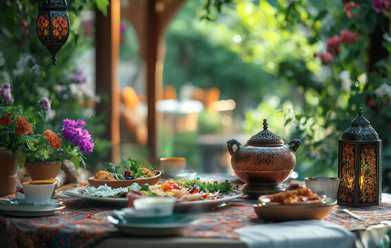 Ramadan wallpaper design with floral elements, complementing a traditional Ramadan Suhoor meal served in a garden setting. 