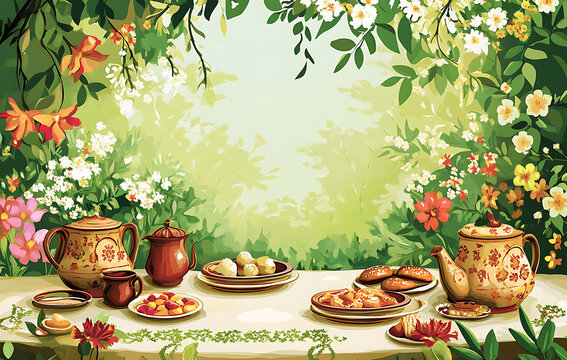 Ramadan wallpaper design with floral elements, complementing a traditional Ramadan Suhoor meal served in a garden setting. 