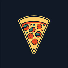 Slice of pizza with pepperoni and basil leaves on a dark background.