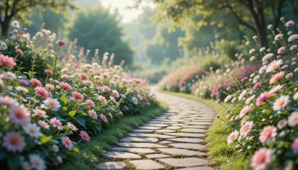 Obraz premium Serene Garden Pathway Surrounded by Vibrant Flowers in Spring