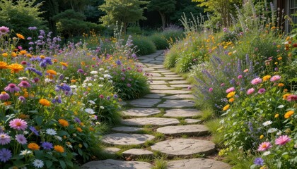 Scenic Pathway Through Colorful Flower Garden in Bright Sunlight