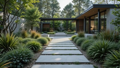 Modern Garden Pathway Surrounded by Green Shrubs and Trees