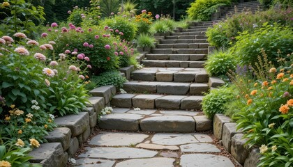 Serene Garden Pathway Surrounded by Vibrant Flowering Plants