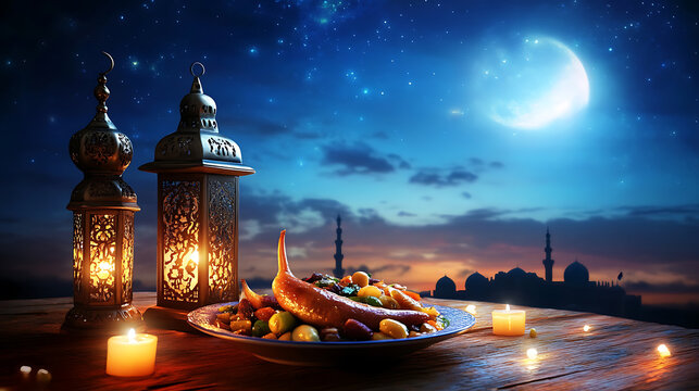 Table filled with traditional Ramadan suhoor meal and a simple Ramadan wallpaper. 