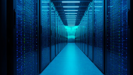 Illuminated server room showcases rows of computer racks in a data center under bright, cool-toned lighting, illustrating technological infrastructure.