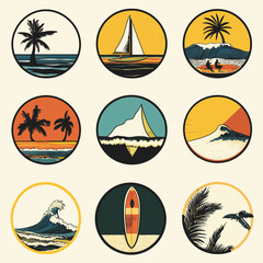 Retro Beach Badges Set - Surfing, Sailing, Palm Trees and Ocean Views
