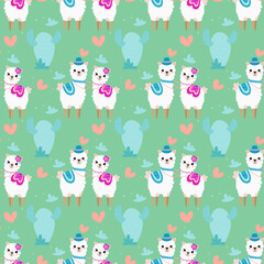 Obraz premium Adorable llama seamless pattern on a mint green background with hearts and cactus shapes. Ideal for kids’ fabrics, nursery decor, and playful designs.