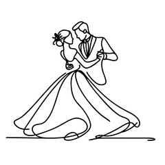 Silhouette of a couple dancing their first wedding dance, elegant one-line vector illustration in minimalistic style