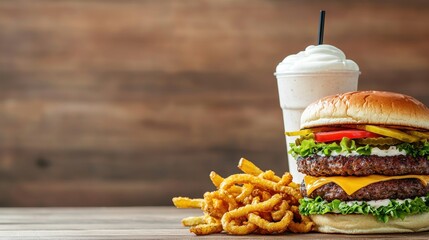 Deliciously stacked burger fast food restaurant gastronomic delight indoor setting close-up view indulgent treats