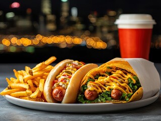 Delicious hot dogs and fries city nightscape food photography urban setting close-up culinary indulgence