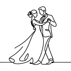 Silhouette of a couple dancing their first wedding dance, drawn in an elegant continuous line style.
